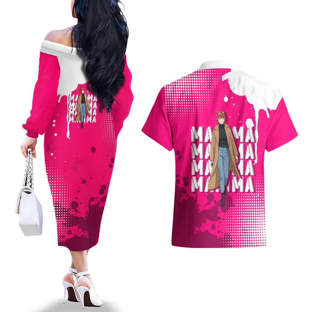 Makima Chainsaw Man Street Style Couples Matching Off The Shoulder Long Sleeve Dress and Hawaiian Shirt Bold Anime Grunge Aesthetic in Hot Pink
