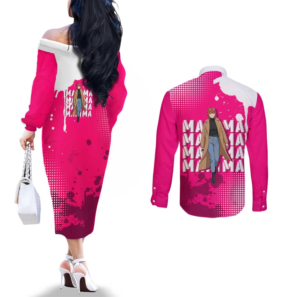 Makima Chainsaw Man Street Style Couples Matching Off The Shoulder Long Sleeve Dress and Long Sleeve Button Shirt Bold Anime Grunge Aesthetic in Hot Pink