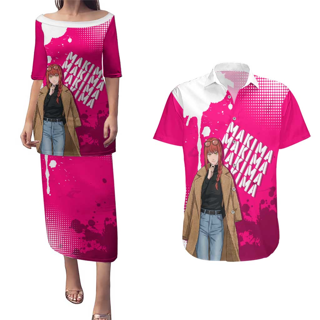Makima Chainsaw Man Street Style Couples Matching Puletasi and Hawaiian Shirt Bold Anime Grunge Aesthetic in Hot Pink