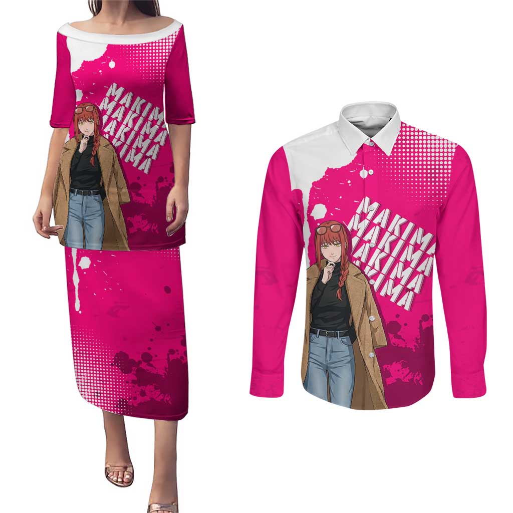 Makima Chainsaw Man Street Style Couples Matching Puletasi and Long Sleeve Button Shirt Bold Anime Grunge Aesthetic in Hot Pink