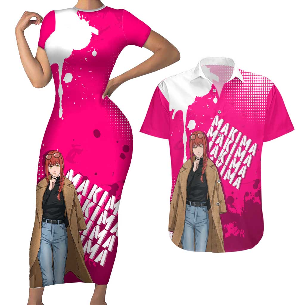 Makima Chainsaw Man Street Style Couples Matching Short Sleeve Bodycon Dress and Hawaiian Shirt Bold Anime Grunge Aesthetic in Hot Pink
