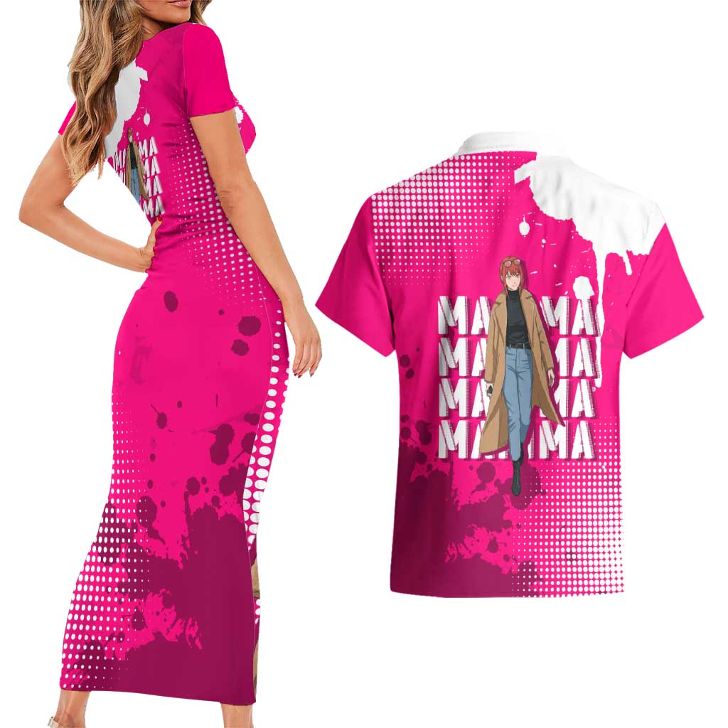Makima Chainsaw Man Street Style Couples Matching Short Sleeve Bodycon Dress and Hawaiian Shirt Bold Anime Grunge Aesthetic in Hot Pink