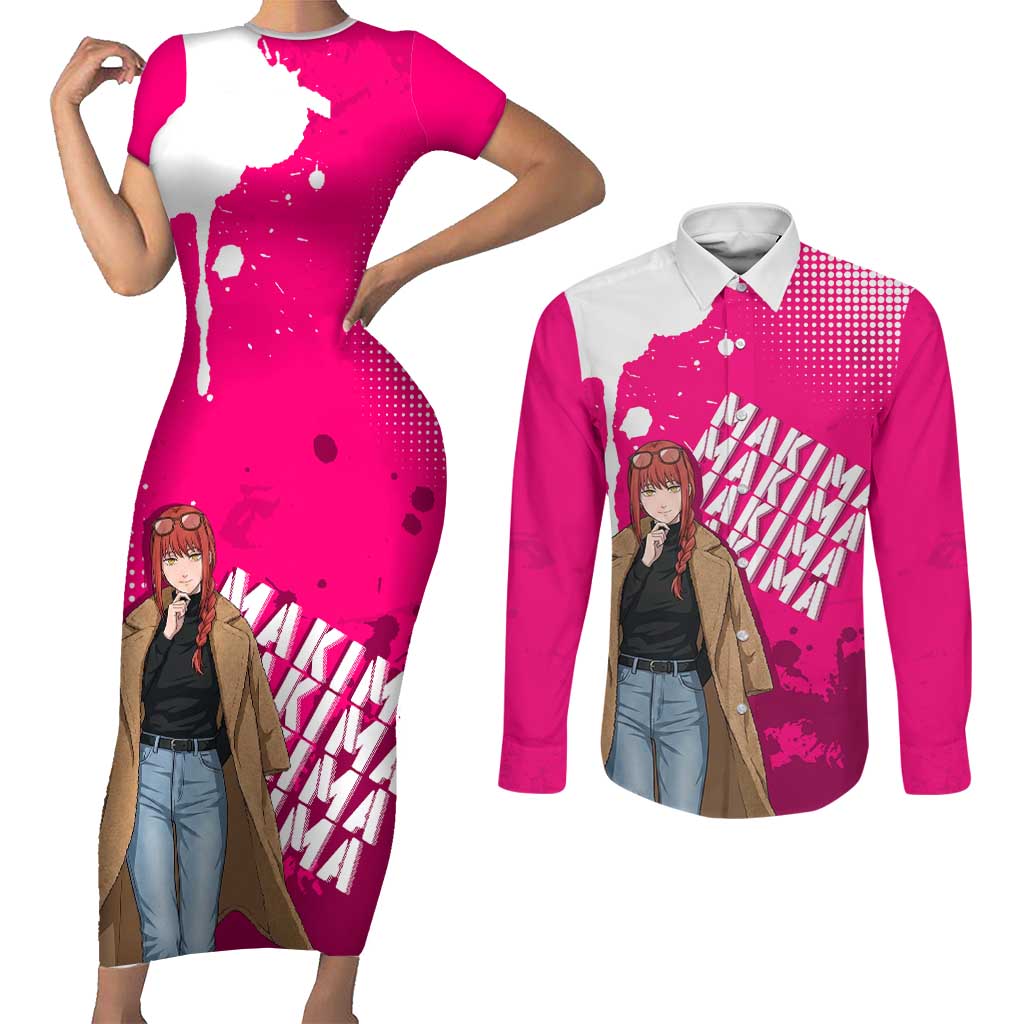 Makima Chainsaw Man Street Style Couples Matching Short Sleeve Bodycon Dress and Long Sleeve Button Shirt Bold Anime Grunge Aesthetic in Hot Pink