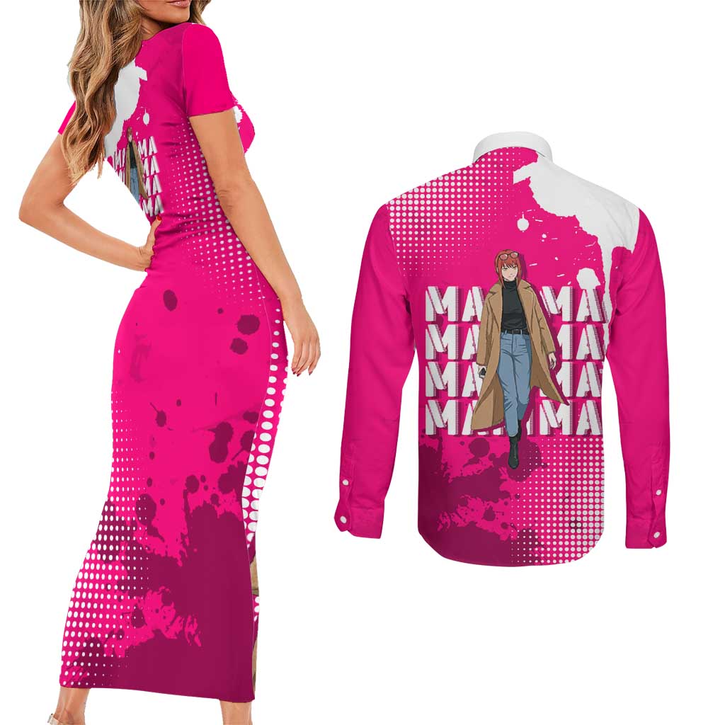 Makima Chainsaw Man Street Style Couples Matching Short Sleeve Bodycon Dress and Long Sleeve Button Shirt Bold Anime Grunge Aesthetic in Hot Pink