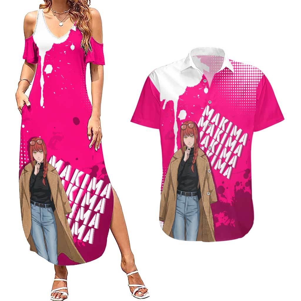 Makima Chainsaw Man Street Style Couples Matching Summer Maxi Dress and Hawaiian Shirt Bold Anime Grunge Aesthetic in Hot Pink
