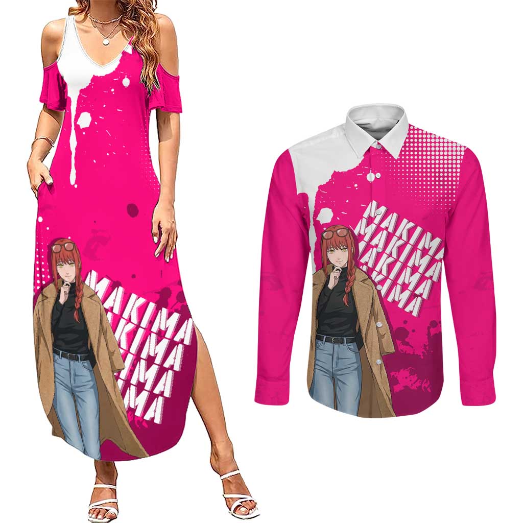 Makima Chainsaw Man Street Style Couples Matching Summer Maxi Dress and Long Sleeve Button Shirt Bold Anime Grunge Aesthetic in Hot Pink