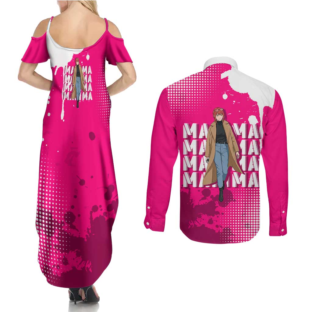 Makima Chainsaw Man Street Style Couples Matching Summer Maxi Dress and Long Sleeve Button Shirt Bold Anime Grunge Aesthetic in Hot Pink