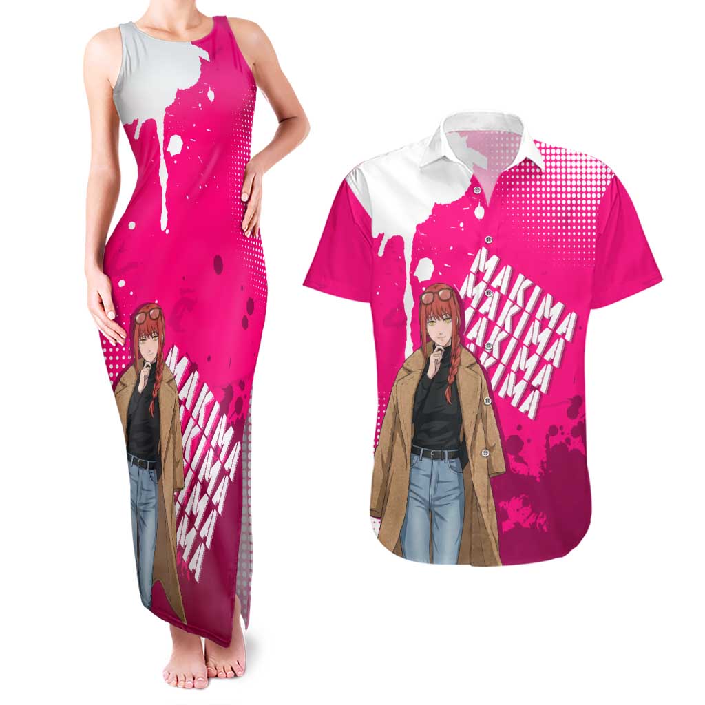 Makima Chainsaw Man Street Style Couples Matching Tank Maxi Dress and Hawaiian Shirt Bold Anime Grunge Aesthetic in Hot Pink