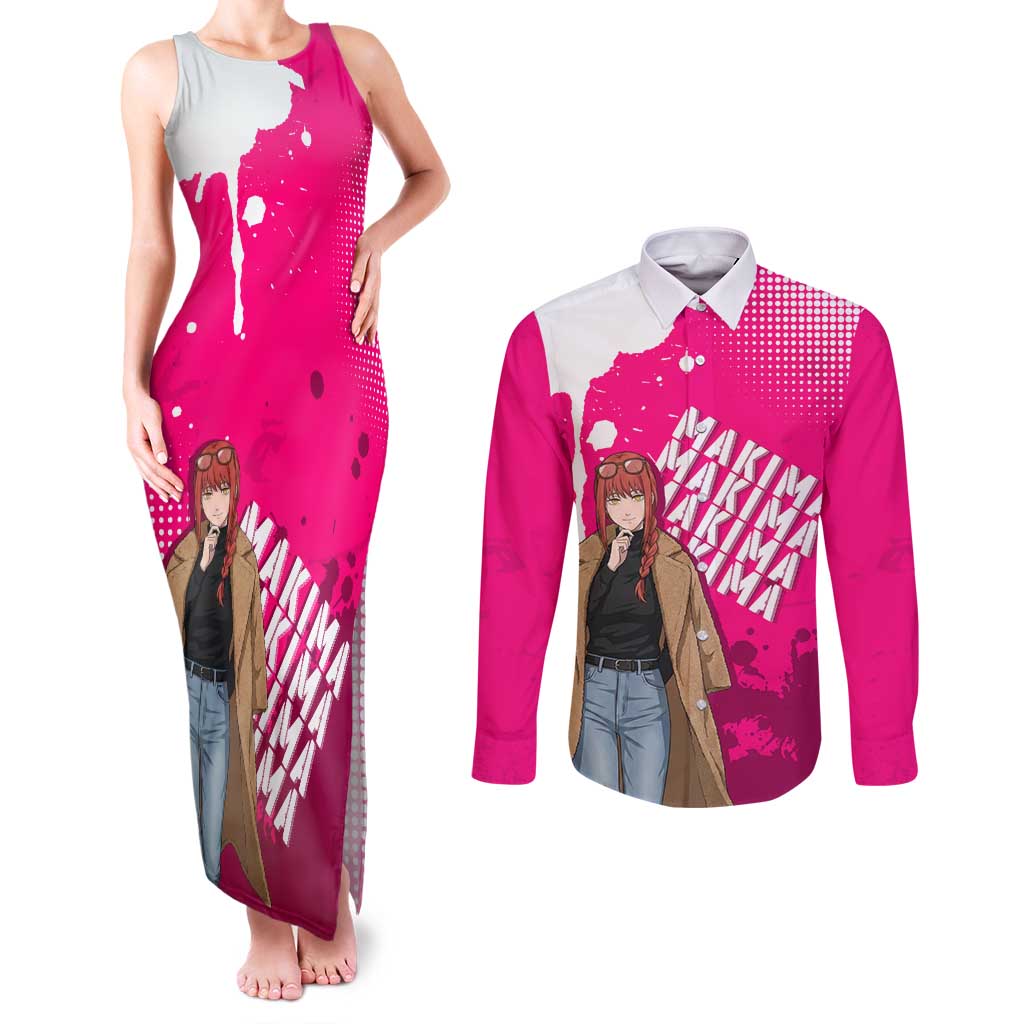 Makima Chainsaw Man Street Style Couples Matching Tank Maxi Dress and Long Sleeve Button Shirt Bold Anime Grunge Aesthetic in Hot Pink