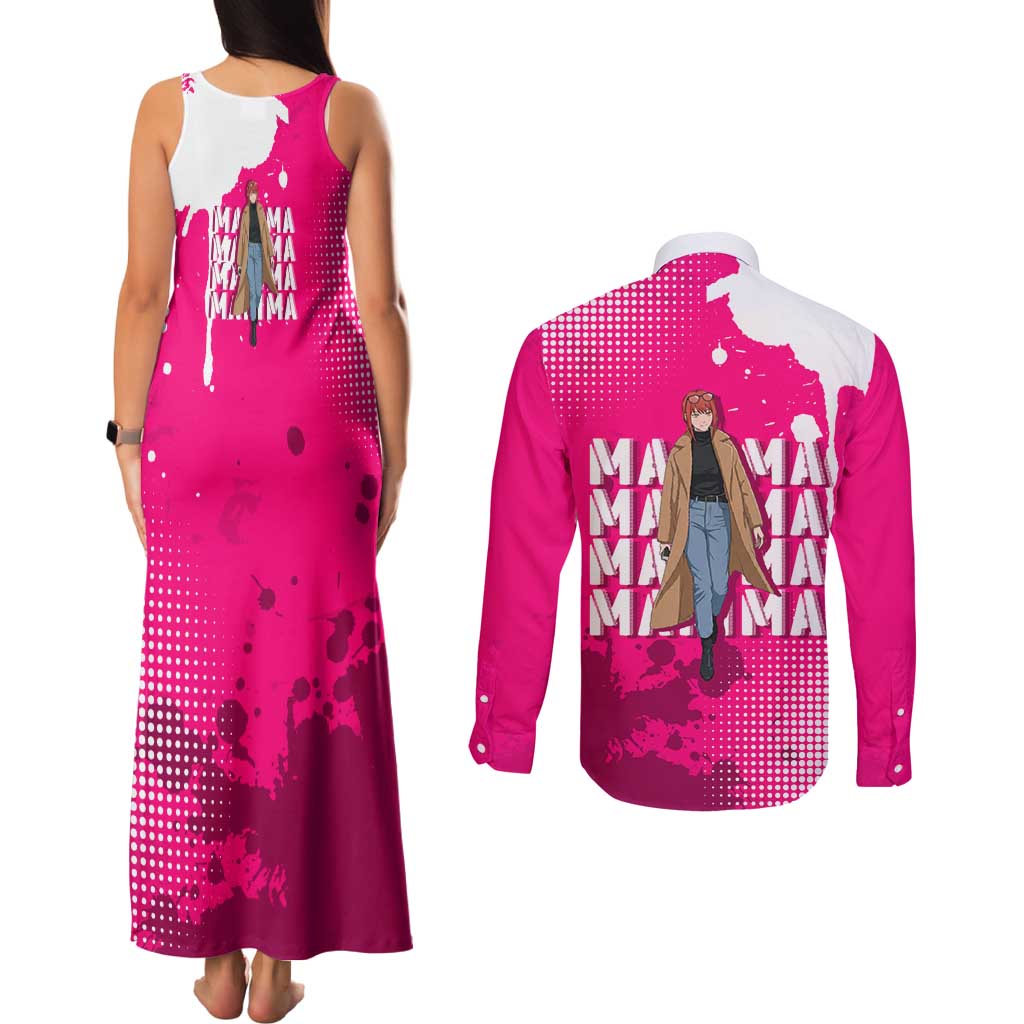Makima Chainsaw Man Street Style Couples Matching Tank Maxi Dress and Long Sleeve Button Shirt Bold Anime Grunge Aesthetic in Hot Pink