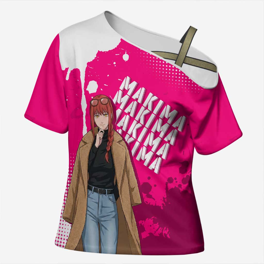 Makima Chainsaw Man Street Style Cross Shoulder Shirt Bold Anime Grunge Aesthetic in Hot Pink