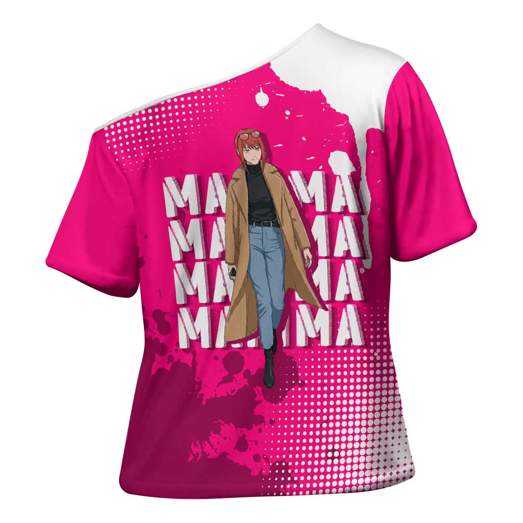 Makima Chainsaw Man Street Style Cross Shoulder Shirt Bold Anime Grunge Aesthetic in Hot Pink