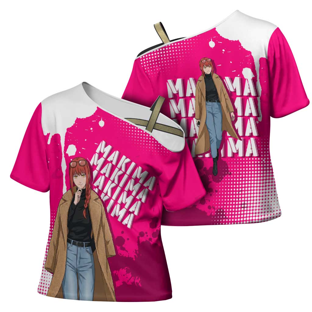 Makima Chainsaw Man Street Style Cross Shoulder Shirt Bold Anime Grunge Aesthetic in Hot Pink