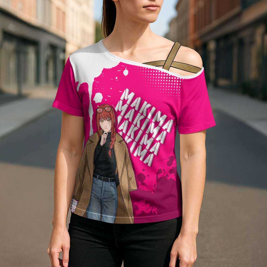 Makima Chainsaw Man Street Style Cross Shoulder Shirt Bold Anime Grunge Aesthetic in Hot Pink