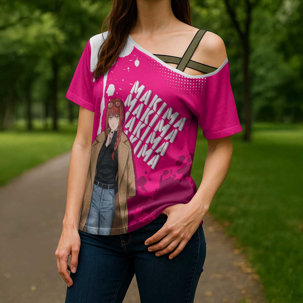 Makima Chainsaw Man Street Style Cross Shoulder Shirt Bold Anime Grunge Aesthetic in Hot Pink
