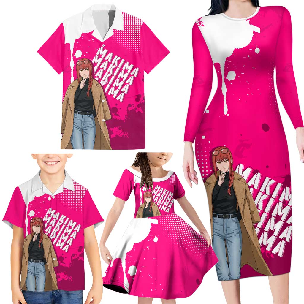 Makima Chainsaw Man Street Style Family Matching Long Sleeve Bodycon Dress and Hawaiian Shirt Bold Anime Grunge Aesthetic in Hot Pink