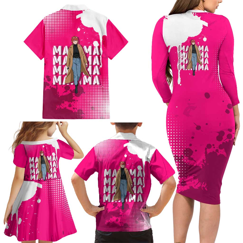 Makima Chainsaw Man Street Style Family Matching Long Sleeve Bodycon Dress and Hawaiian Shirt Bold Anime Grunge Aesthetic in Hot Pink