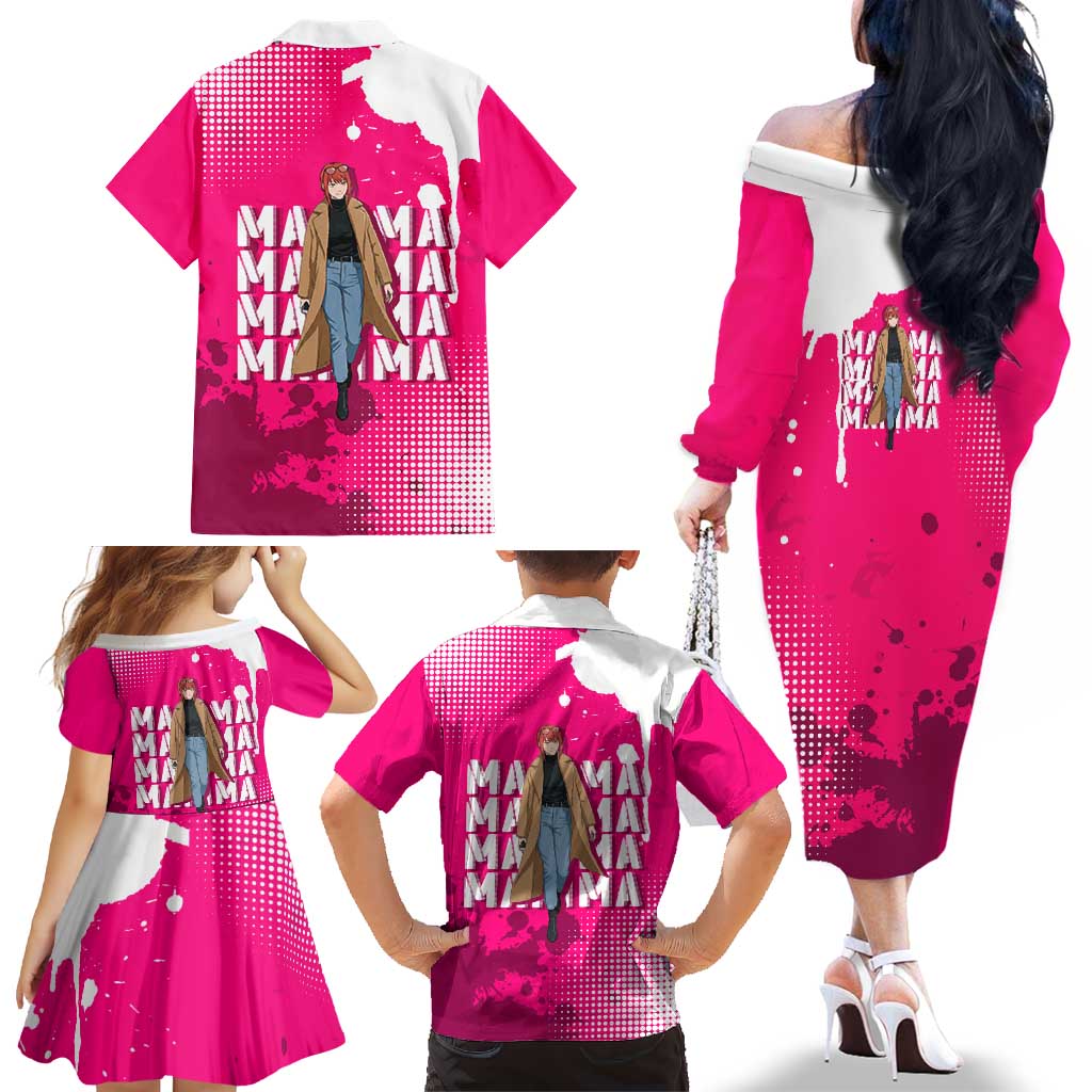 Makima Chainsaw Man Street Style Family Matching Off The Shoulder Long Sleeve Dress and Hawaiian Shirt Bold Anime Grunge Aesthetic in Hot Pink