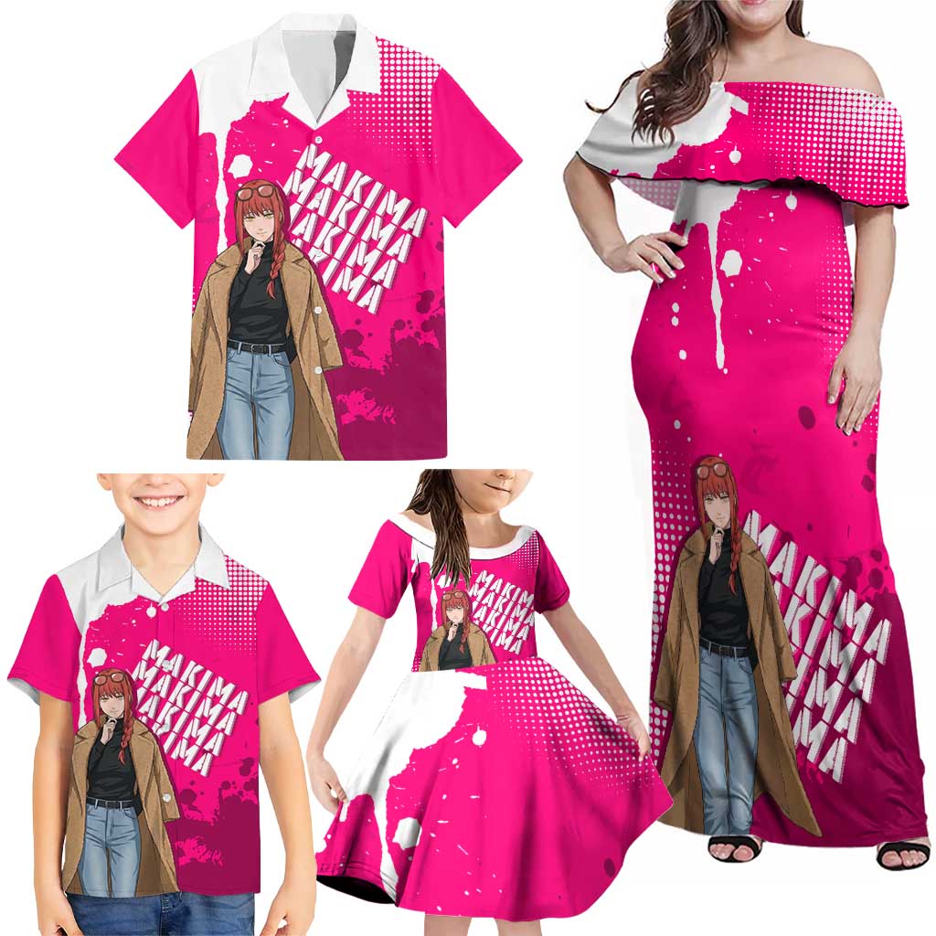 Makima Chainsaw Man Street Style Family Matching Off Shoulder Maxi Dress and Hawaiian Shirt Bold Anime Grunge Aesthetic in Hot Pink