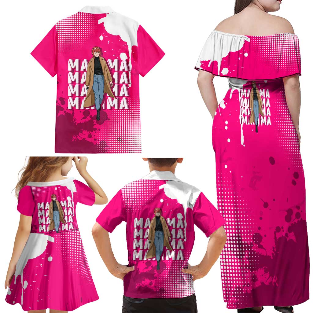 Makima Chainsaw Man Street Style Family Matching Off Shoulder Maxi Dress and Hawaiian Shirt Bold Anime Grunge Aesthetic in Hot Pink
