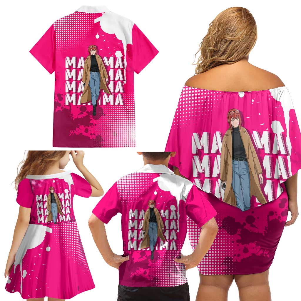 Makima Chainsaw Man Street Style Family Matching Off Shoulder Short Dress and Hawaiian Shirt Bold Anime Grunge Aesthetic in Hot Pink