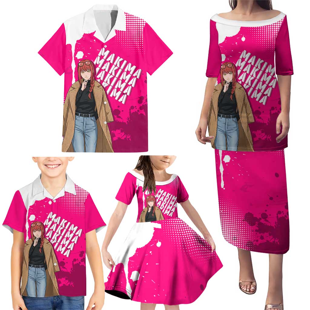 Makima Chainsaw Man Street Style Family Matching Puletasi and Hawaiian Shirt Bold Anime Grunge Aesthetic in Hot Pink