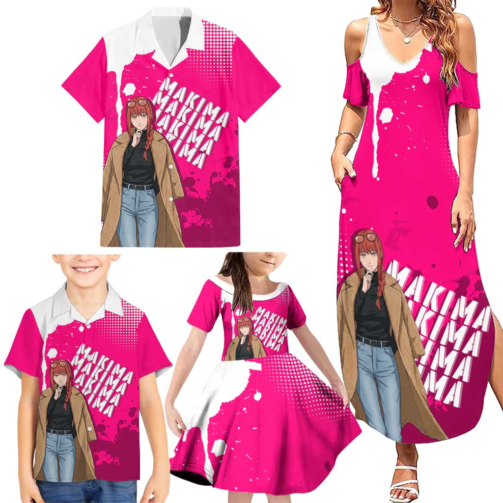 Makima Chainsaw Man Street Style Family Matching Summer Maxi Dress and Hawaiian Shirt Bold Anime Grunge Aesthetic in Hot Pink