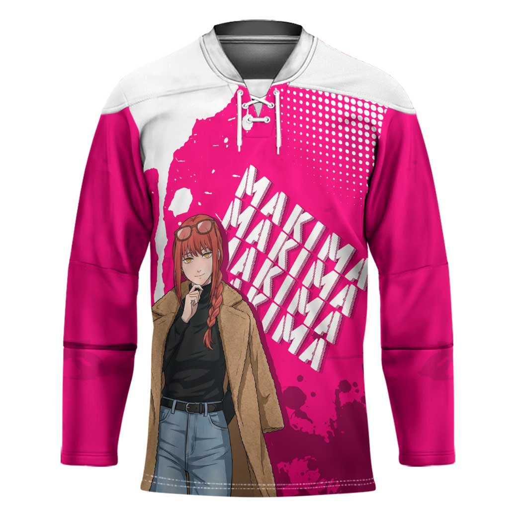Makima Chainsaw Man Street Style Hockey Jersey Bold Anime Grunge Aesthetic in Hot Pink