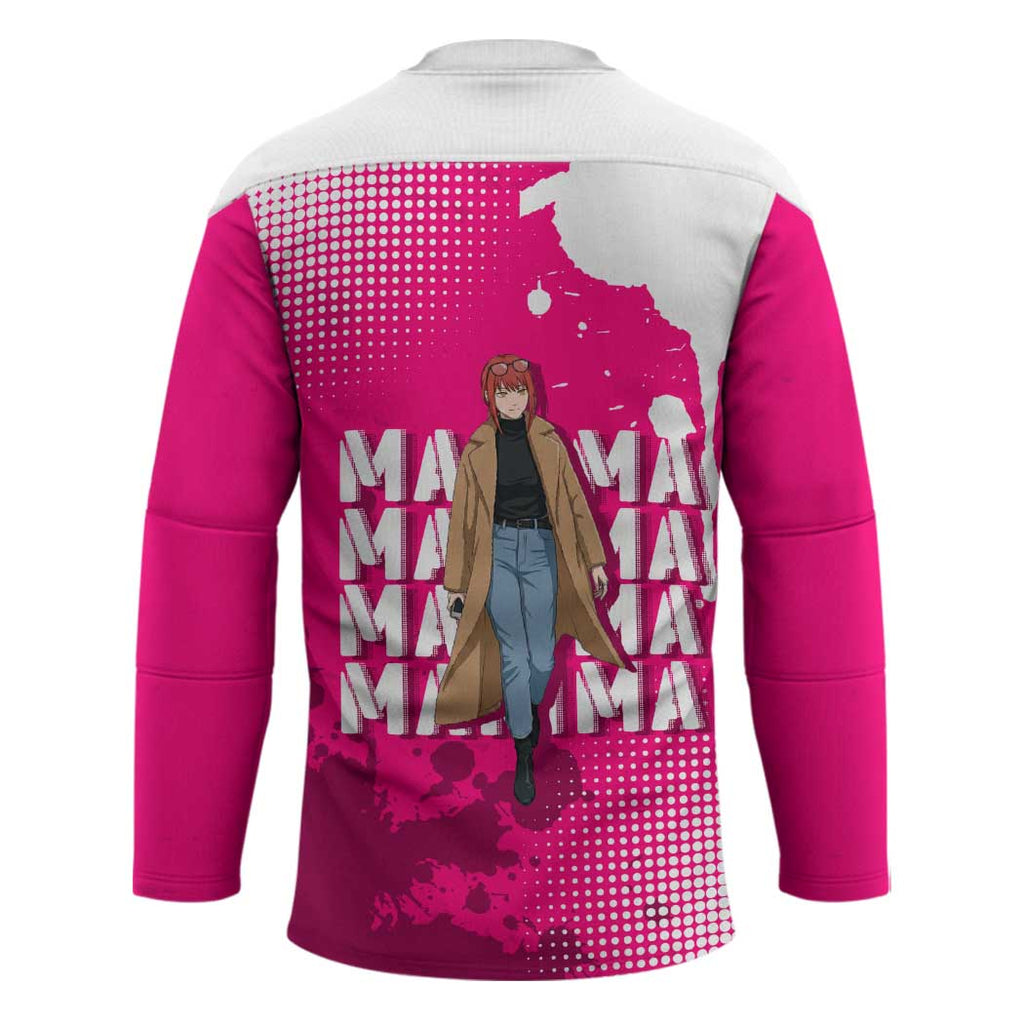 Makima Chainsaw Man Street Style Hockey Jersey Bold Anime Grunge Aesthetic in Hot Pink