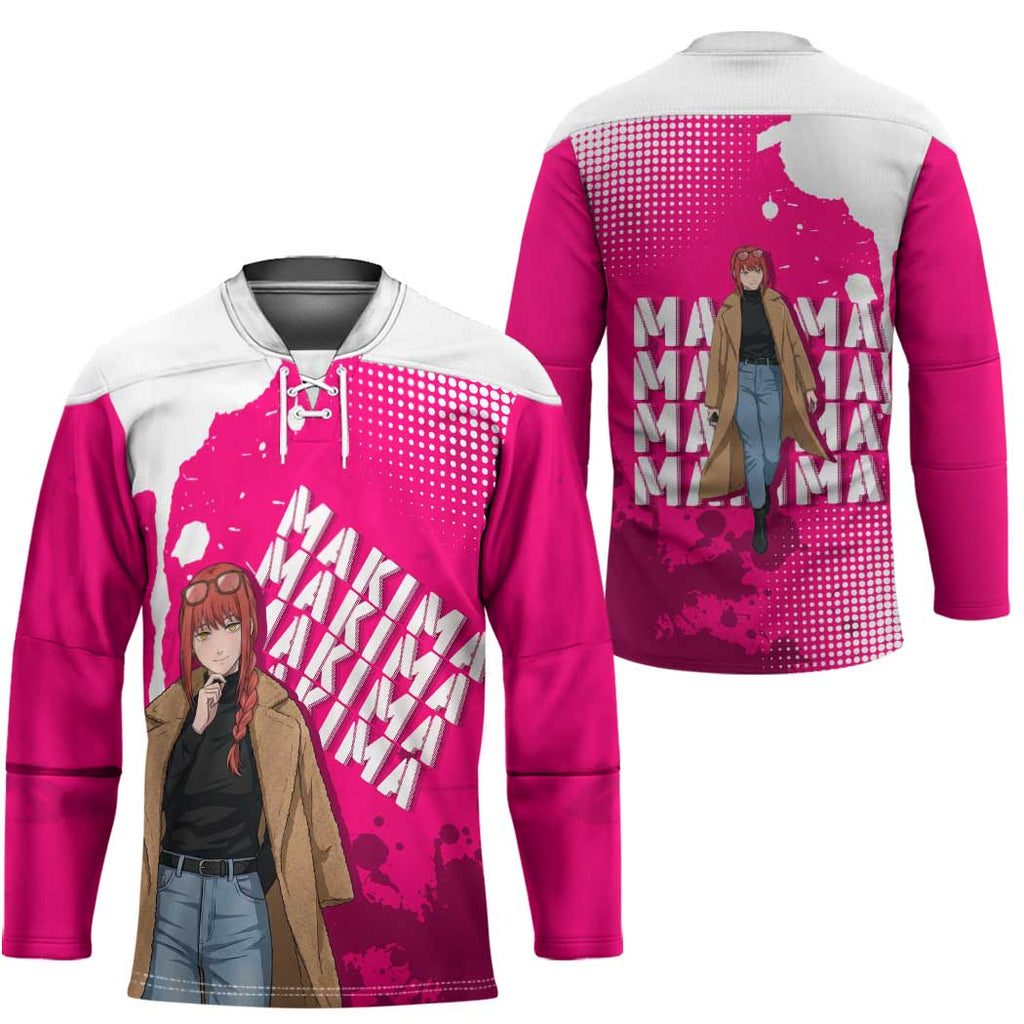 Makima Chainsaw Man Street Style Hockey Jersey Bold Anime Grunge Aesthetic in Hot Pink