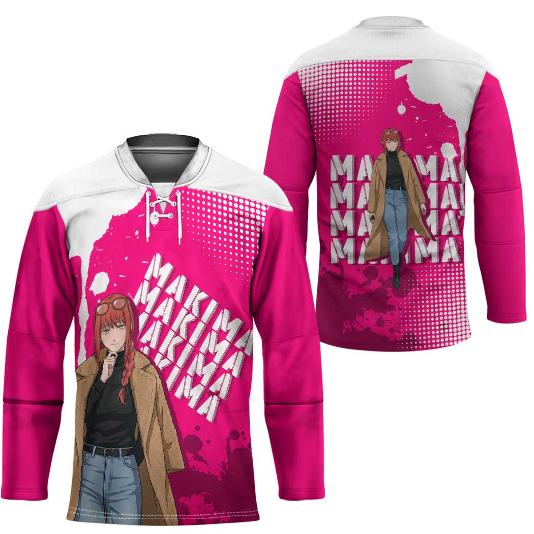 Makima Chainsaw Man Street Style Hockey Jersey Bold Anime Grunge Aesthetic in Hot Pink