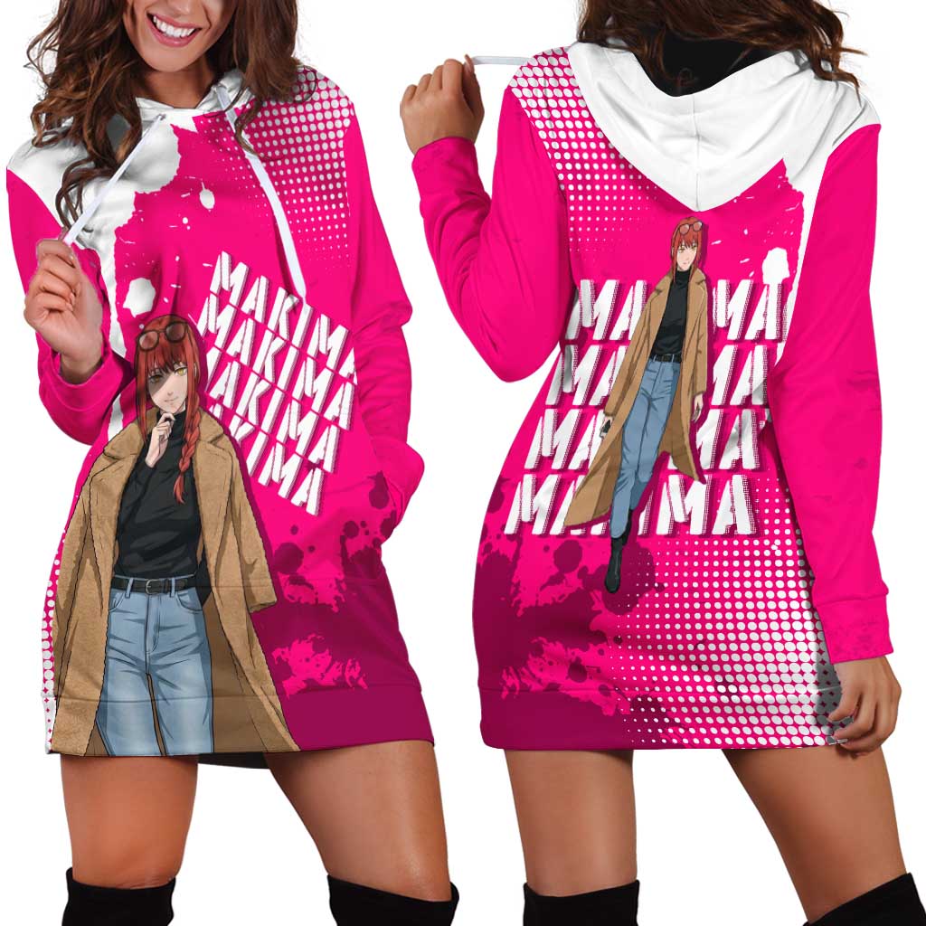 Makima Chainsaw Man Street Style Hoodie Dress Bold Anime Grunge Aesthetic in Hot Pink