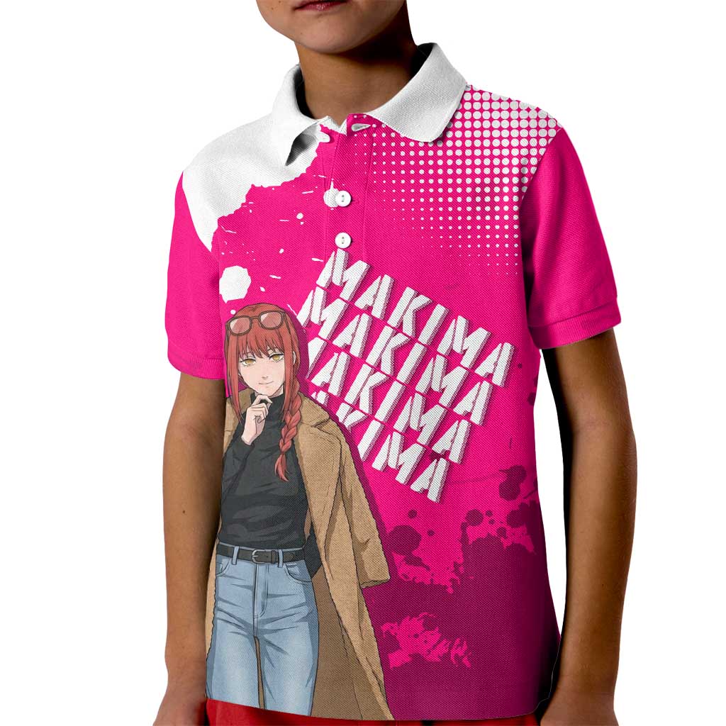Makima Chainsaw Man Street Style Kid Polo Shirt Bold Anime Grunge Aesthetic in Hot Pink