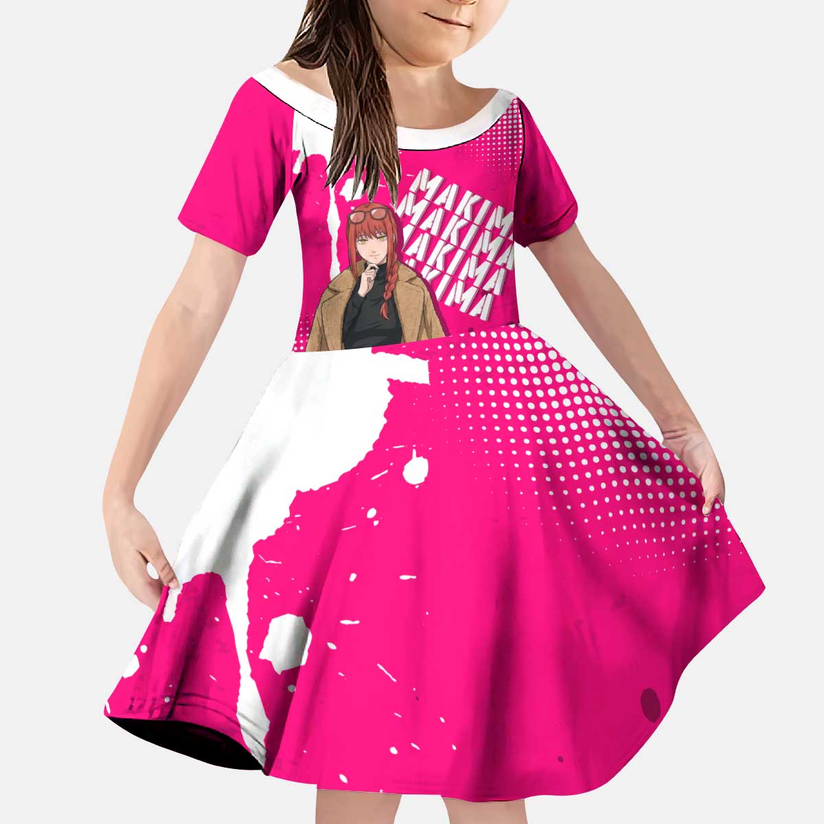 Makima Chainsaw Man Street Style Kid Short Sleeve Dress Bold Anime Grunge Aesthetic in Hot Pink