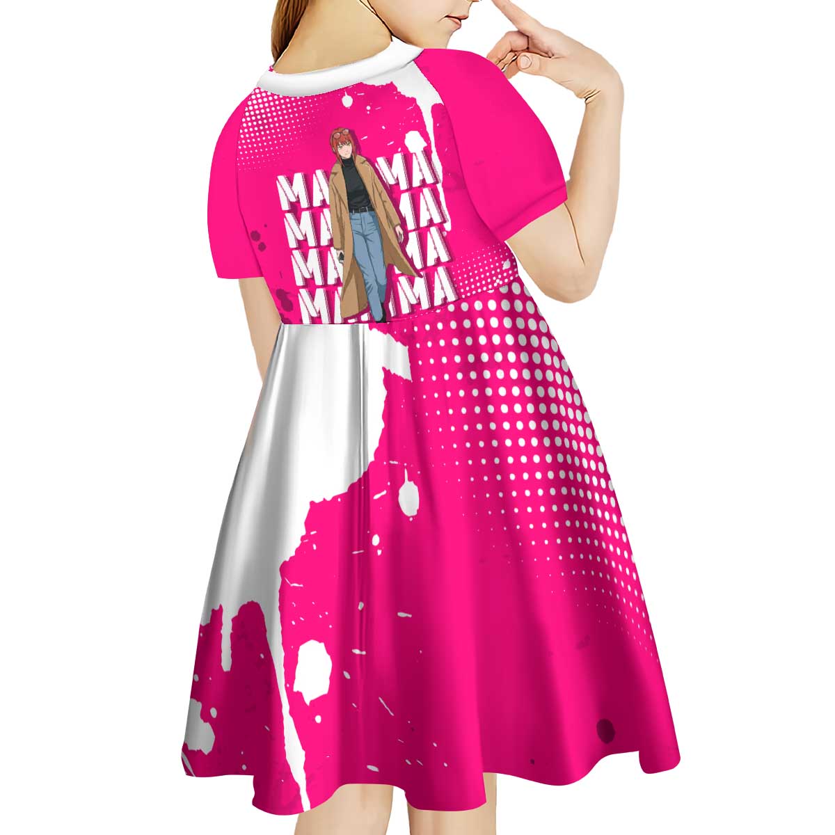Makima Chainsaw Man Street Style Kid Short Sleeve Dress Bold Anime Grunge Aesthetic in Hot Pink