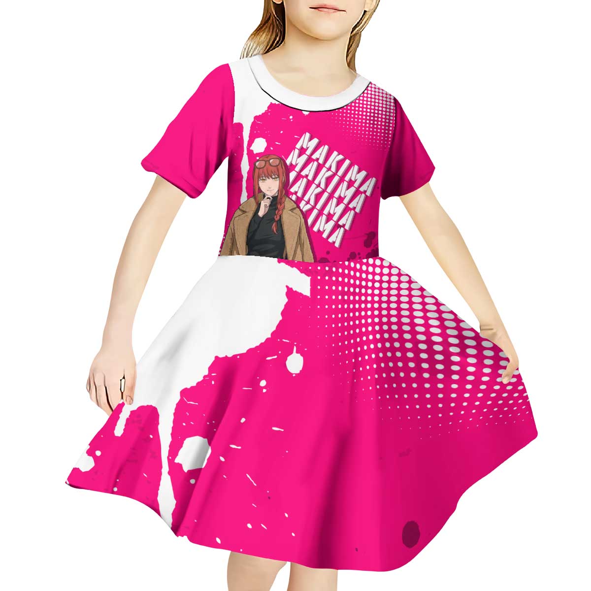 Makima Chainsaw Man Street Style Kid Short Sleeve Dress Bold Anime Grunge Aesthetic in Hot Pink