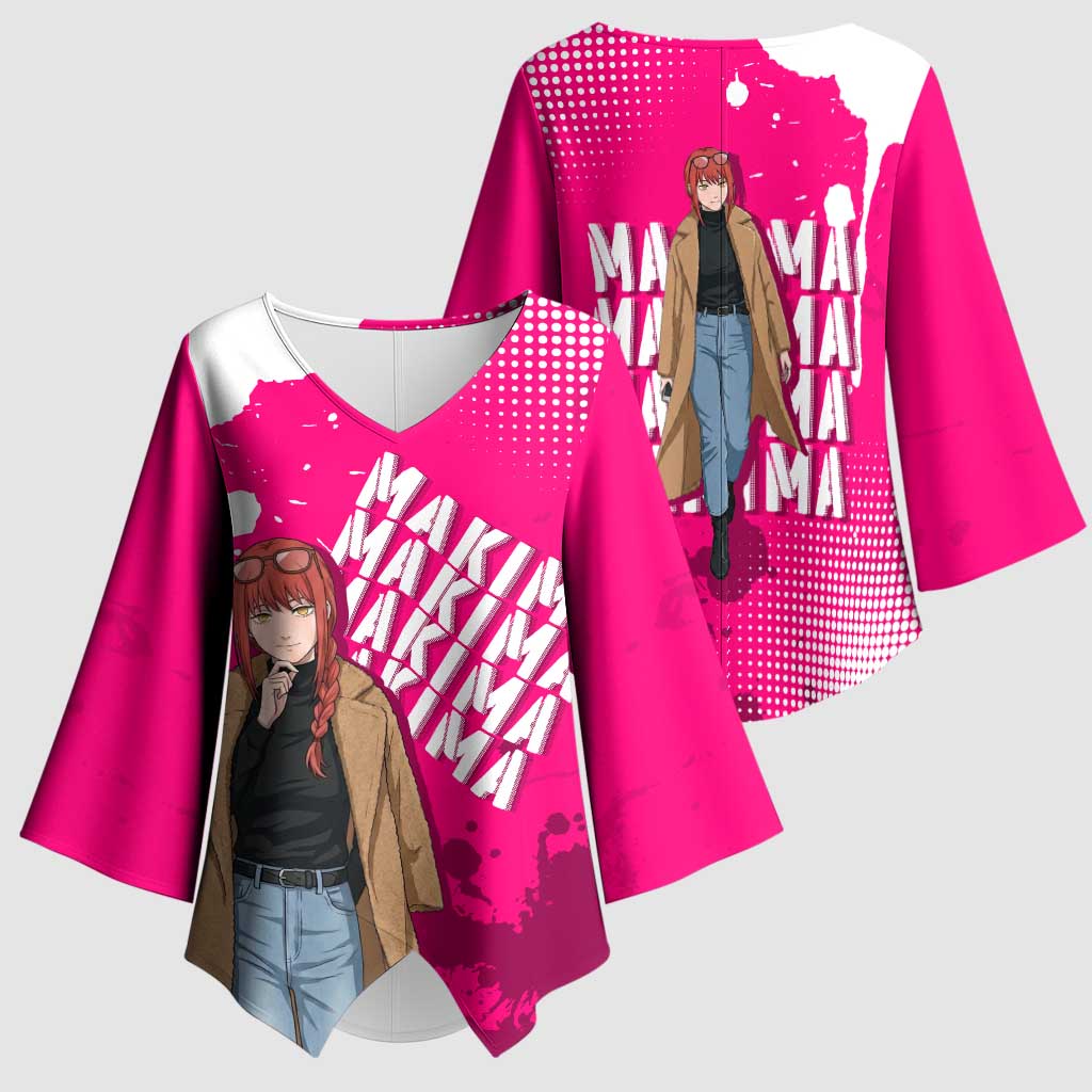 Makima Chainsaw Man Street Style Kimono Sleeve Blouse Bold Anime Grunge Aesthetic in Hot Pink