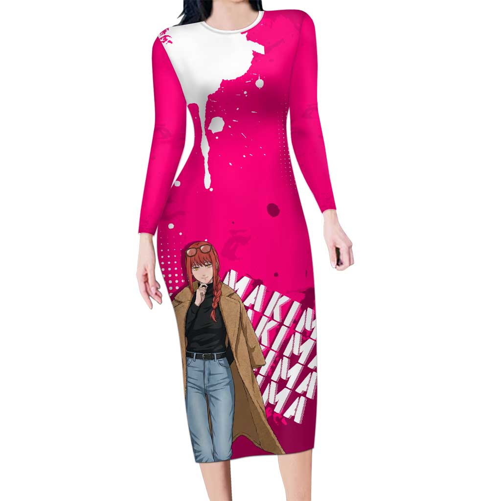Makima Chainsaw Man Street Style Long Sleeve Bodycon Dress Bold Anime Grunge Aesthetic in Hot Pink