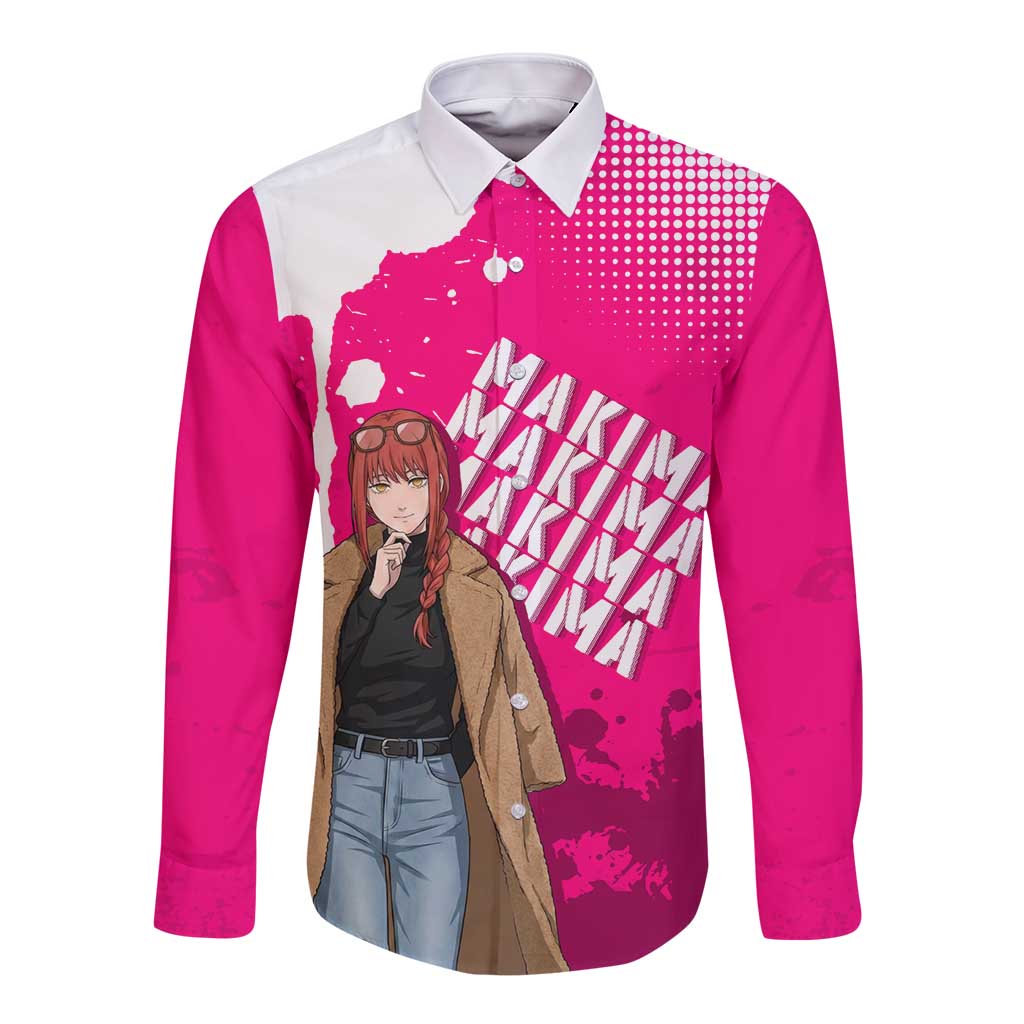 Makima Chainsaw Man Street Style Long Sleeve Button Shirt Bold Anime Grunge Aesthetic in Hot Pink