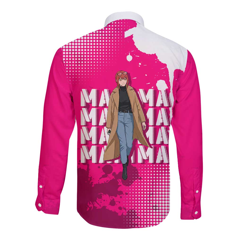 Makima Chainsaw Man Street Style Long Sleeve Button Shirt Bold Anime Grunge Aesthetic in Hot Pink