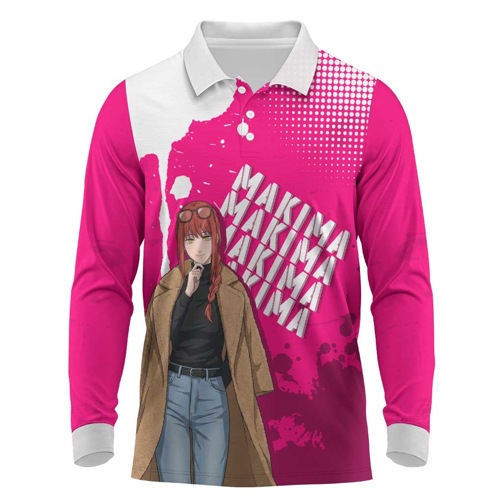 Makima Chainsaw Man Street Style Long Sleeve Polo Shirt Bold Anime Grunge Aesthetic in Hot Pink