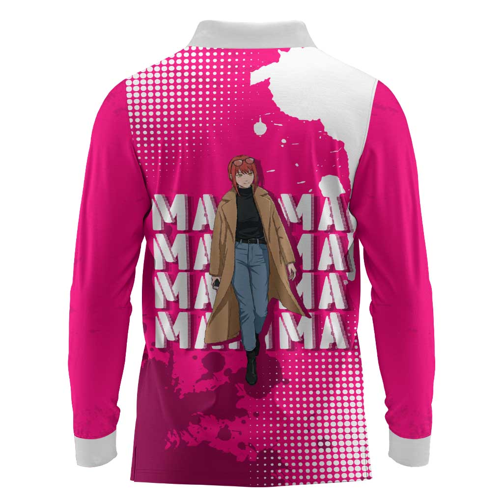 Makima Chainsaw Man Street Style Long Sleeve Polo Shirt Bold Anime Grunge Aesthetic in Hot Pink
