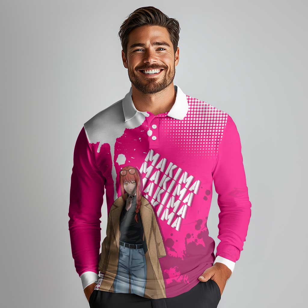 Makima Chainsaw Man Street Style Long Sleeve Polo Shirt Bold Anime Grunge Aesthetic in Hot Pink