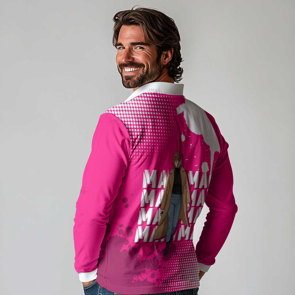 Makima Chainsaw Man Street Style Long Sleeve Polo Shirt Bold Anime Grunge Aesthetic in Hot Pink