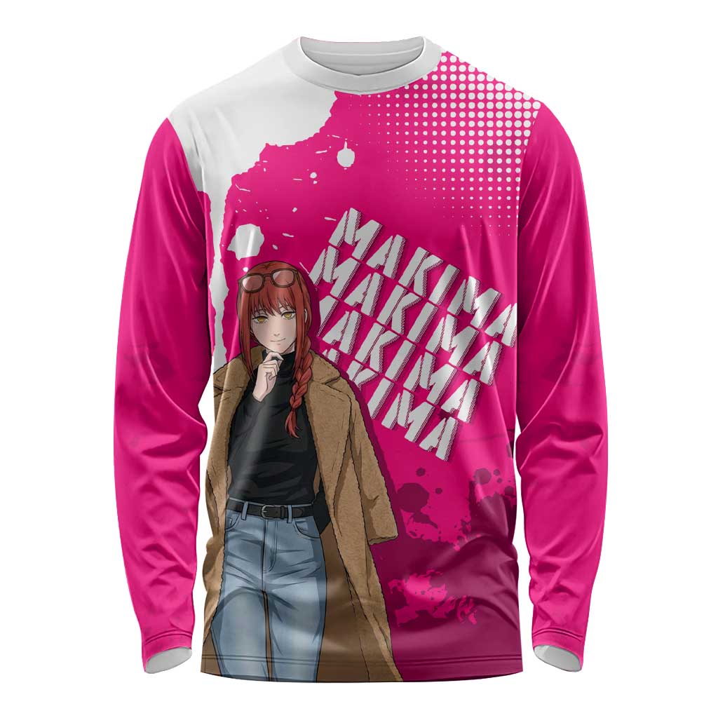 Makima Chainsaw Man Street Style Long Sleeve Shirt Bold Anime Grunge Aesthetic in Hot Pink