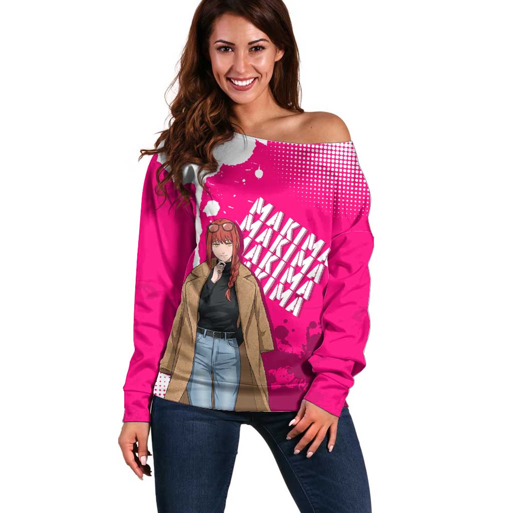 Makima Chainsaw Man Street Style Off Shoulder Sweater Bold Anime Grunge Aesthetic in Hot Pink