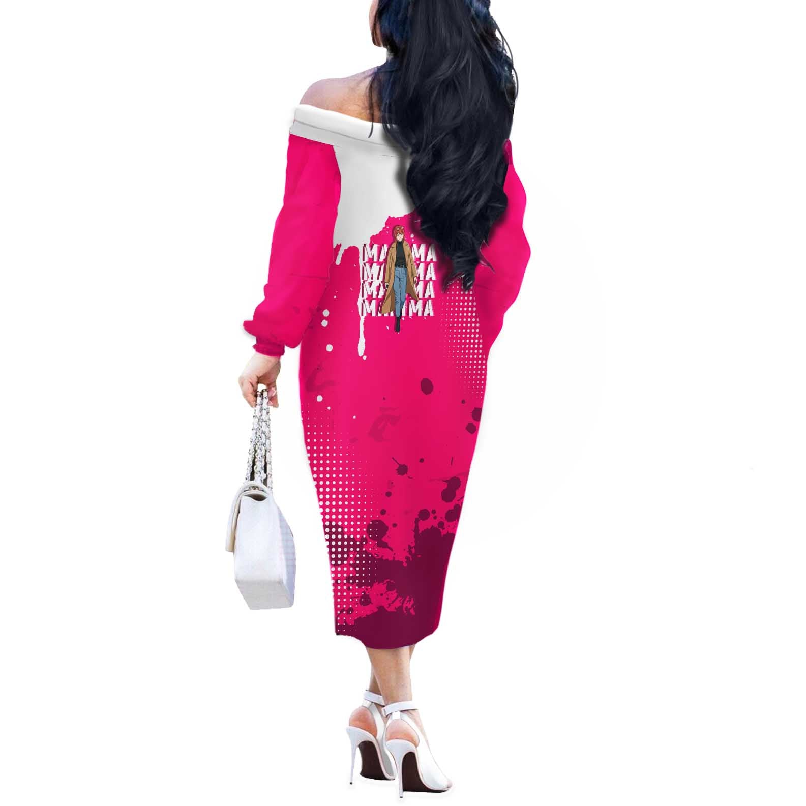 Makima Chainsaw Man Street Style Off The Shoulder Long Sleeve Dress Bold Anime Grunge Aesthetic in Hot Pink