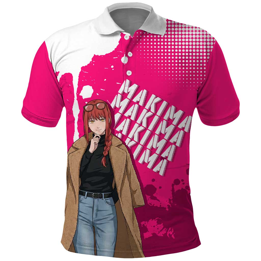 Makima Chainsaw Man Street Style Polo Shirt Bold Anime Grunge Aesthetic in Hot Pink