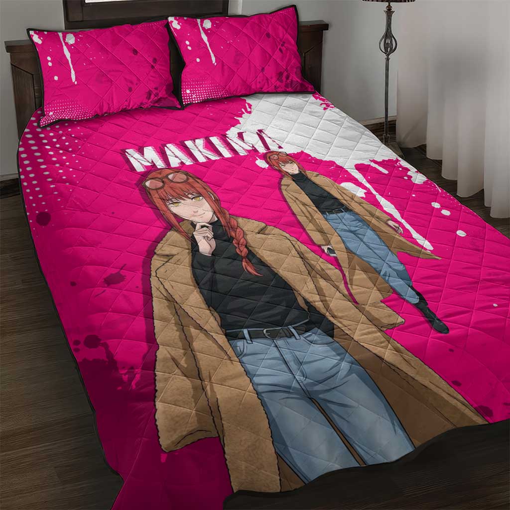 Makima Chainsaw Man Street Style Quilt Bed Set Bold Anime Grunge Aesthetic in Hot Pink