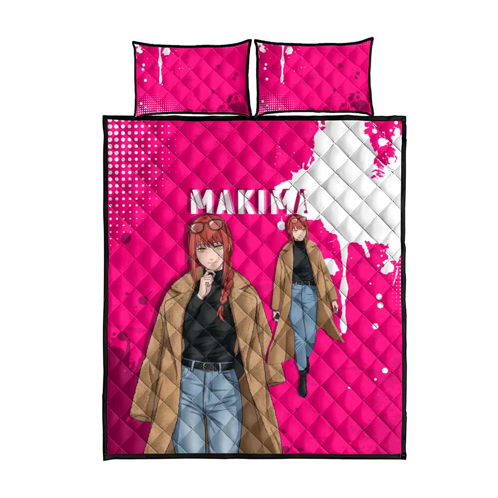 Makima Chainsaw Man Street Style Quilt Bed Set Bold Anime Grunge Aesthetic in Hot Pink